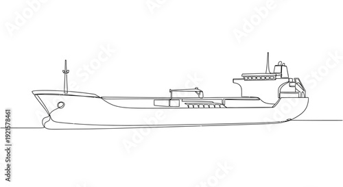 Line art drawing of a large cargo container ship sailing on the ocean, depicted from a side view.