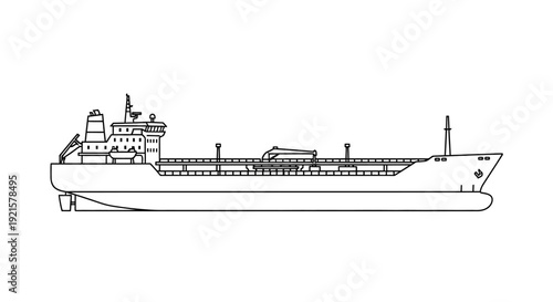 A detailed black and white line drawing of a large cargo ship, specifically a tanker, viewed from its port side.