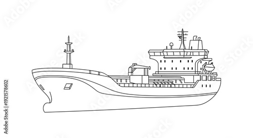 A detailed line drawing of a large cargo ship, likely a tanker, viewed from the side.