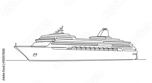 A detailed line drawing of a large cruise ship sailing on the water, showcasing its multiple decks and superstructure.