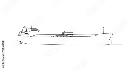 A detailed line drawing of a large cargo ship, showcasing its long hull and superstructure.