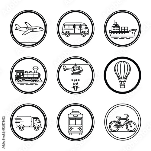 Diverse Transportation Icons: A curated collection of transport icons, depicting an airplane, van, cargo ship, train, helicopter, hot air balloon, truck, tram, and bicycle.
