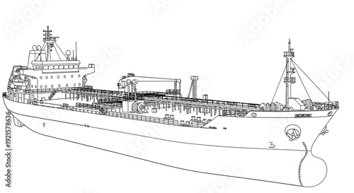 Detailed blueprint-style line drawing of a large oil tanker ship, showcasing its complex structure and hull design.
