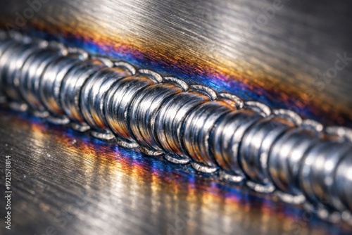 Stainless steel weld bead showing heat tint on metal surface