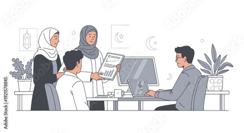 Diverse colleagues collaborating in office setting.