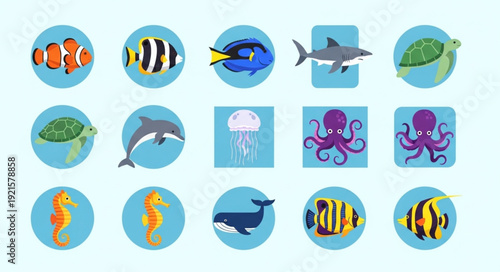 Collection of Diverse Marine Life Icons Underwater Creatures.