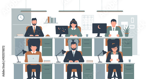 Office workers sitting at their desks.