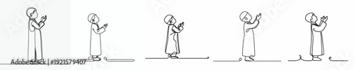 Line art of a Muslim boy standing praying gesture in Ramadan side view