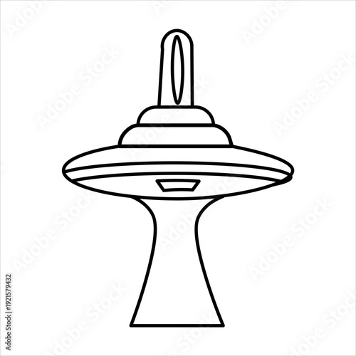 A simple black and white line drawing of a spinning top toy with a futuristic, UFO-like design.