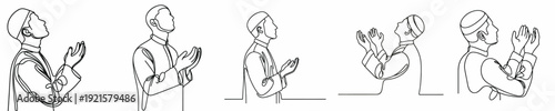 half body line art of a Muslim man standing praying gesture in Ramadan side view