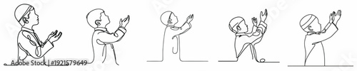 half body line art of a Muslim boy standing praying gesture in Ramadan side view