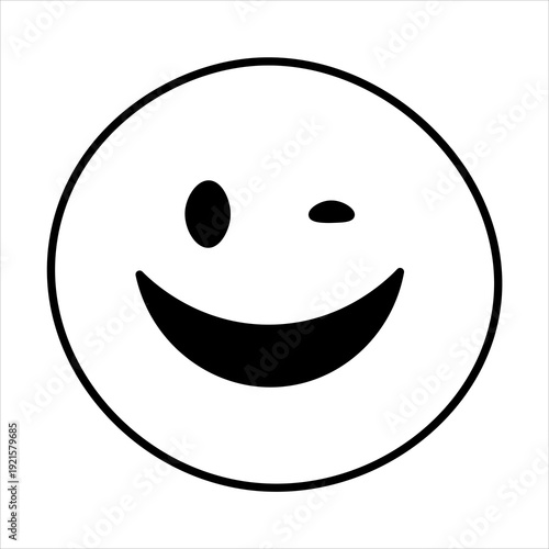 A simple black and white illustration of a smiley face with one eye winking and a wide open smile.