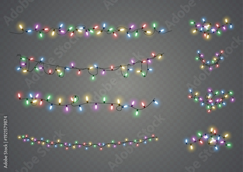 Multicolored string lights in various arrangements on a gray background