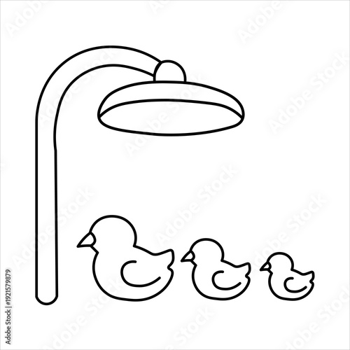 A simple line drawing depicts a shower head with three ducklings lined up underneath it, ready to be bathed.