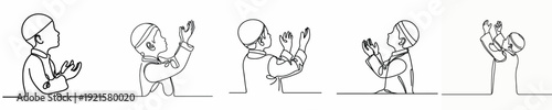 half body line art of a Muslim boy standing praying gesture in Ramadan side view