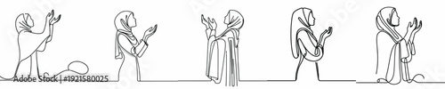 half body line art of a Muslim woman standing praying gesture in Ramadan side view