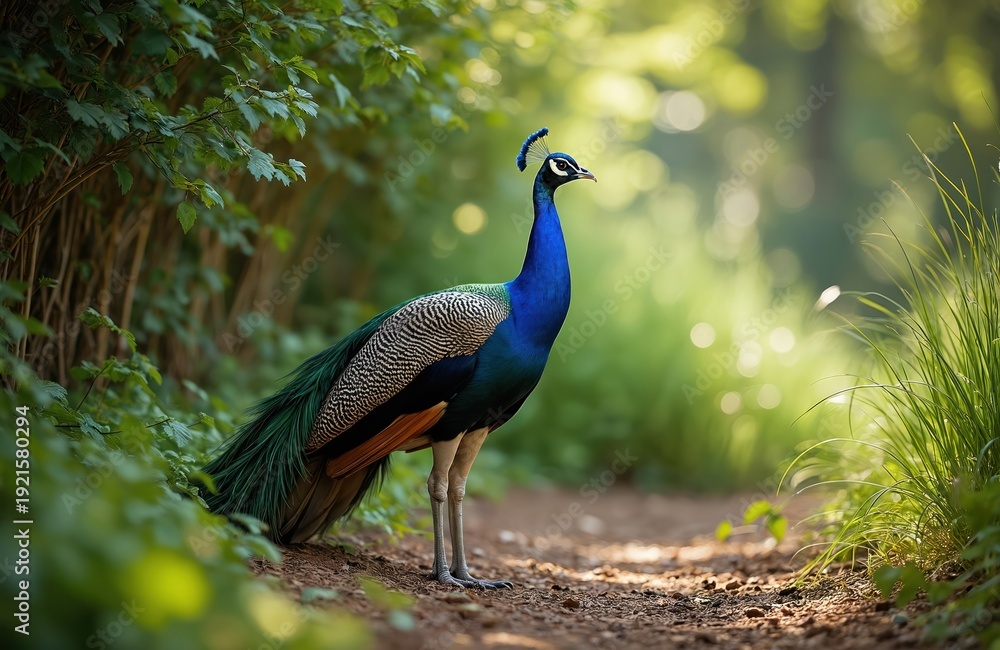 Obraz premium Magnificent blue peacock stands on forest path. Bird has iridescent feathers and elegant crest. Green plants and sunlight create natural ambiance. Peaceful wildlife scene.