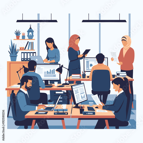 Diverse team collaborating in modern office.