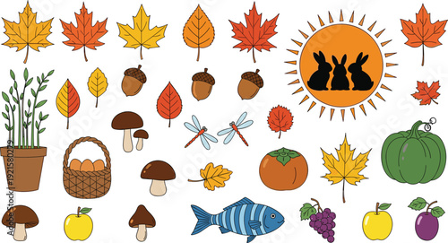 Autumn Nature Elements Collection with Fall Leaves, Mushrooms, Pumpkin, Fish, and Fruits Illustration Set for Seasonal Design and Harvest Decorations