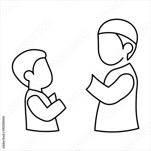 A line art illustration depicts a man and a boy standing and praying together, symbolizing faith and intergenerational connection.
