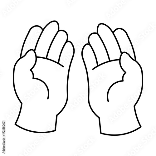 Outline drawing of two human hands with palms facing upwards, depicting a gesture of prayer, receiving, or offering.