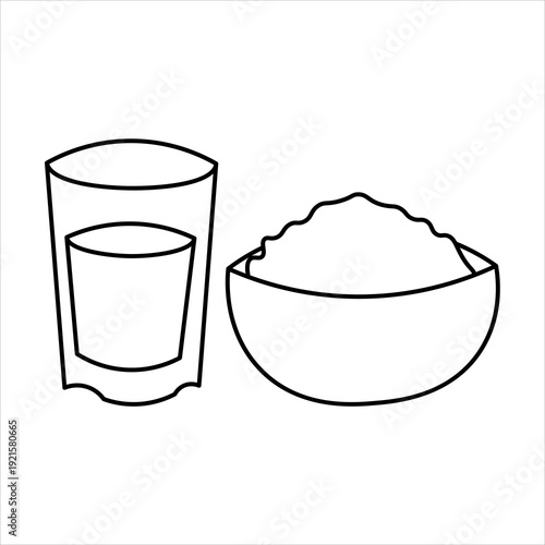 A simple black and white line art illustration depicting a glass of liquid next to a bowl filled with a granular substance.