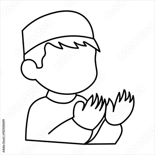 A simple black and white line drawing of a young boy wearing a kufi cap and praying with his hands raised.