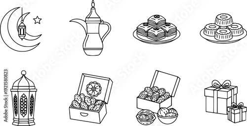 Set of line silhouette icons of  Eid Sweet Shop Delights: A collection of delightful treats and decorations, perfectly embodying the joy of Eid celebrations, a visual feast of culinary charm.