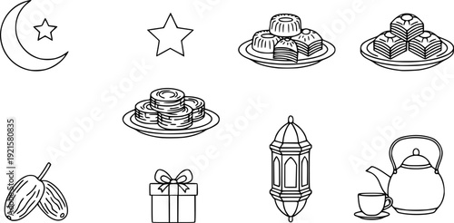 Set of line silhouette icons of  Eid Sweet Shop Delights: A collection of delightful treats and decorations, perfectly embodying the joy of Eid celebrations, a visual feast of culinary charm.