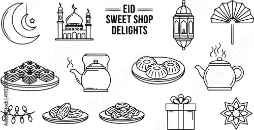 Set of line silhouette icons of  Eid Sweet Shop Delights: A collection of delightful treats and decorations, perfectly embodying the joy of Eid celebrations, a visual feast of culinary charm.