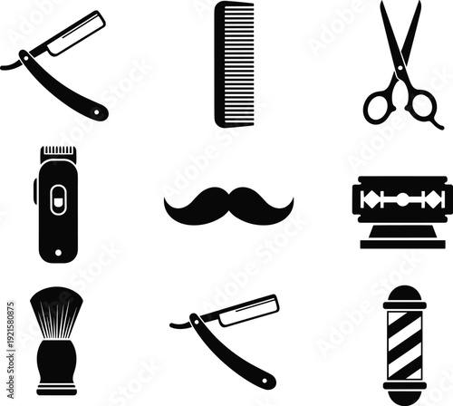 Barber Tools Silhouette Vector Set with Razor Scissors Comb Mustache and Clippers for Grooming Salon Branding and Hairstyling Designs