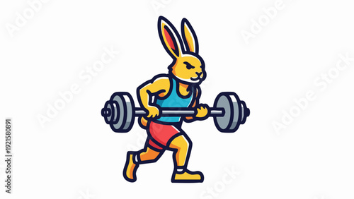 Cartoon Rabbit Weightlifter Lifting Barbell with Determination and Strength.