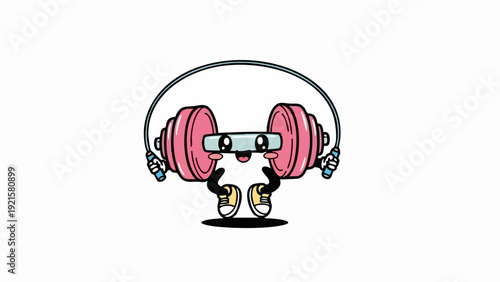 Cartoon dumbbell character with jump rope, fitness and exercise concept.