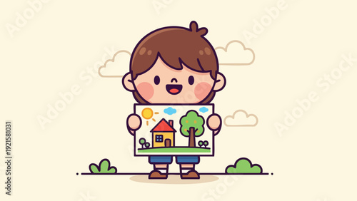 Cute cartoon boy proudly displays his colorful drawing of a house and tree.