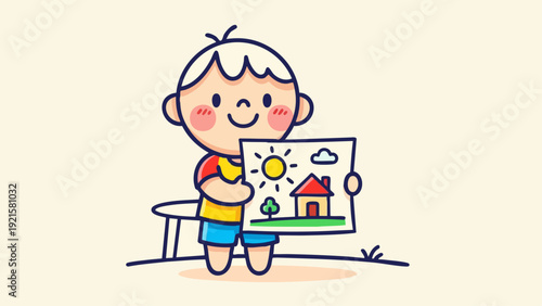 Happy little boy proudly displays his colorful house drawing.