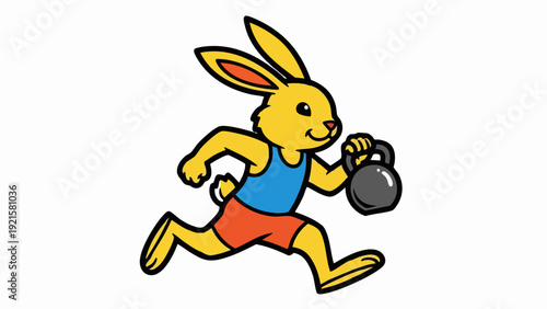 Cartoon Rabbit Running with Kettlebell, Fitness and Exercise Illustration.