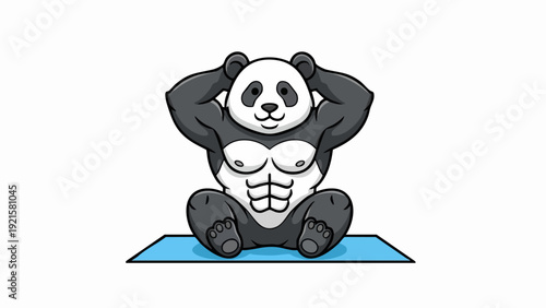 Cartoon Panda with Muscular Body Doing Sit-Ups on Yoga Mat.