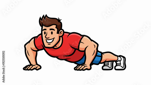 Cartoon man smiling while performing a push up exercise.