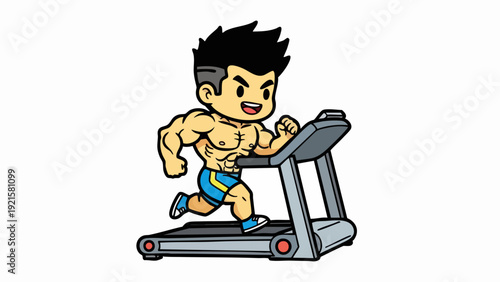 Cartoon Man Exercising on Treadmill with Muscular Physique and Determined Expression.