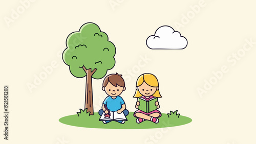 Children Reading Under a Tree - A Peaceful Scene of Learning.