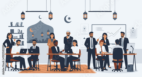 A diverse group of business professionals collaborating in a modern office space.