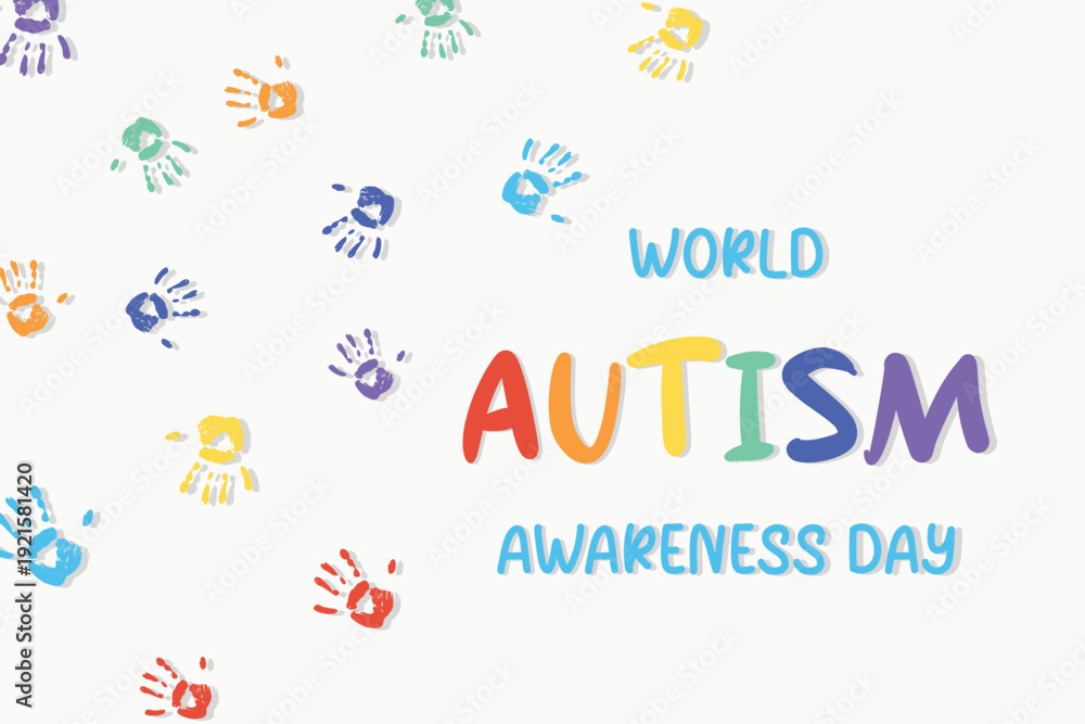 Obraz premium World Autism Awareness Day Colorful rainbow handprints border Symbolize diversity inclusion acceptance Suitable posters Banners Social media Charity campaigns Educational materials Kids content events