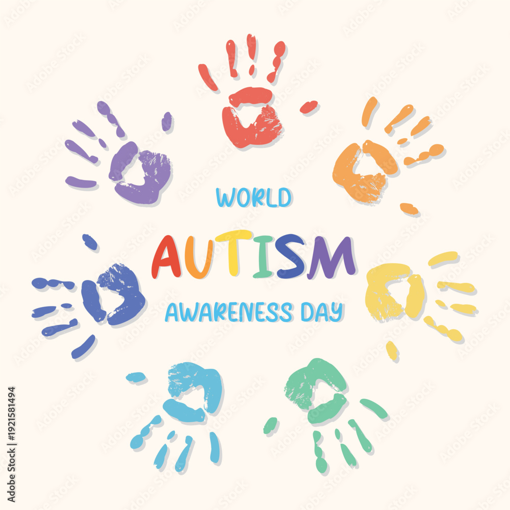 Obraz premium Square card World Autism Awareness Day Colorful rainbow handprints symbolize diversity inclusion acceptance Suitable posters Social media Charity campaigns Educational materials Kids content events