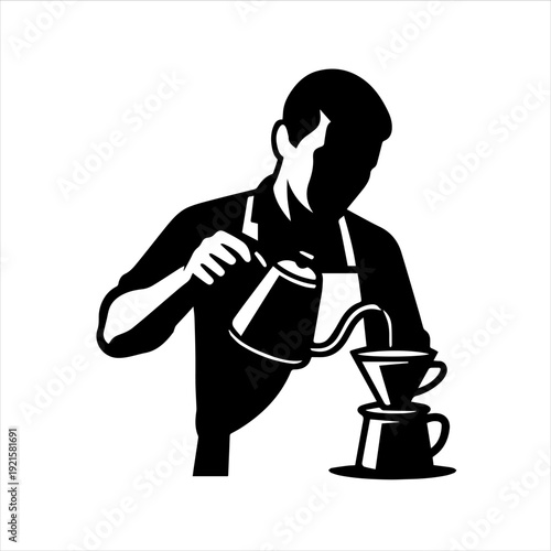 A man in an apron pours water from a kettle into a coffee filter on a coffee maker