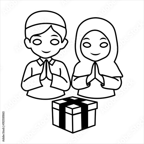 Black and white line art illustration of a Muslim boy and girl in traditional attire making a greeting gesture with a gift box, suitable for coloring pages.