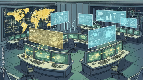 Modern Control Room with Multiple Computer Monitors.