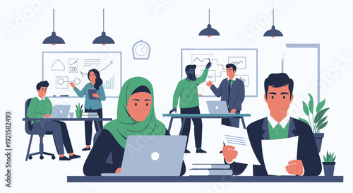 Diverse team collaborating in modern office.