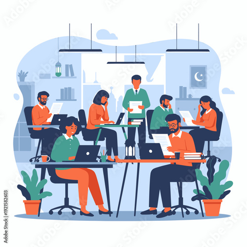 Diverse team collaborating in modern office.