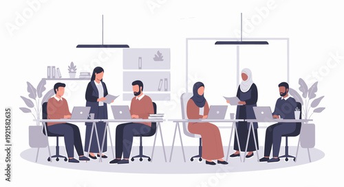 Diverse group of people in office meeting.