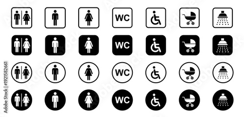 Toilet icon set. Male and female restroom. WC icons set. Vector Illustration